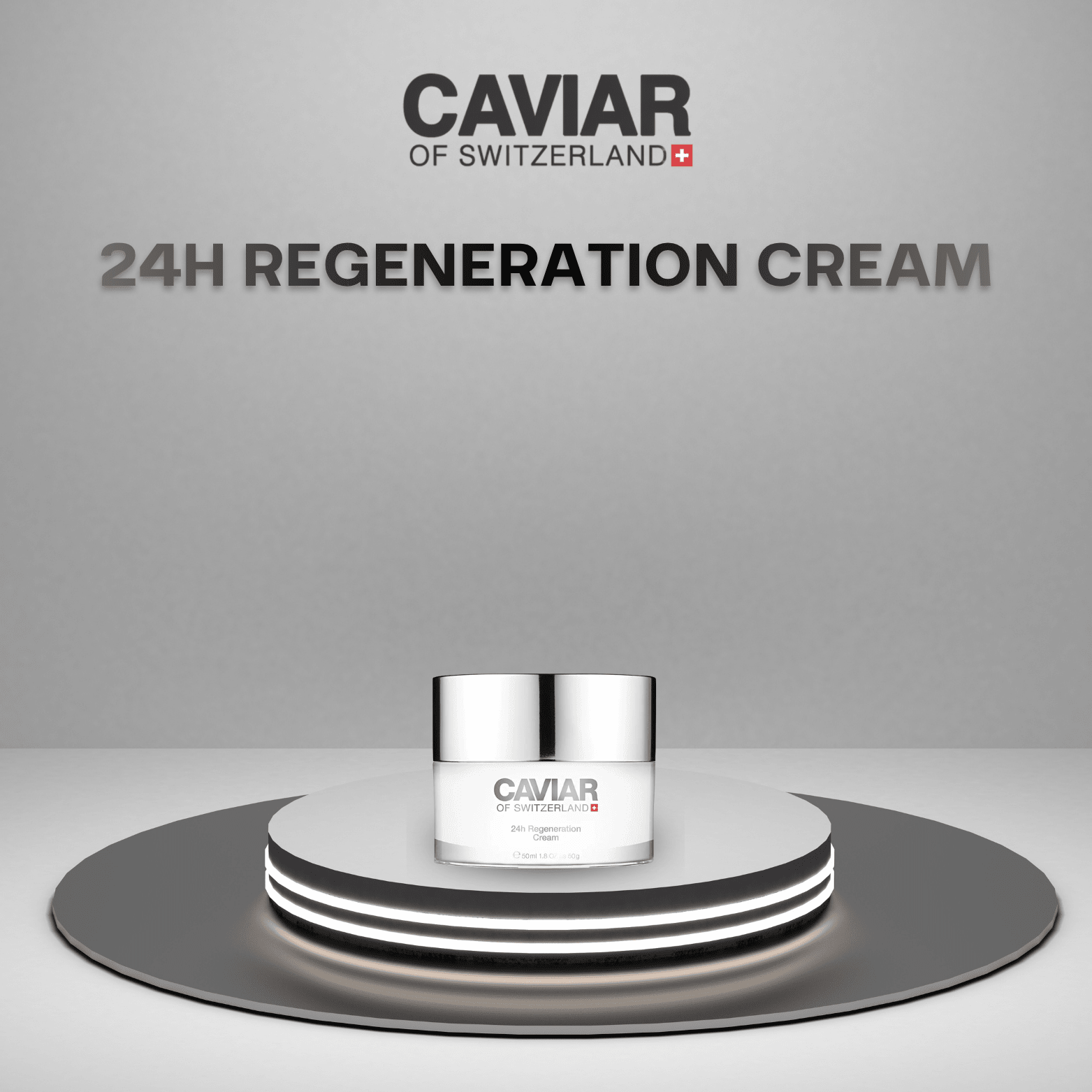 24H Regeneration Cream jar displayed on a lit podium, Caviar of Switzerland M.E.